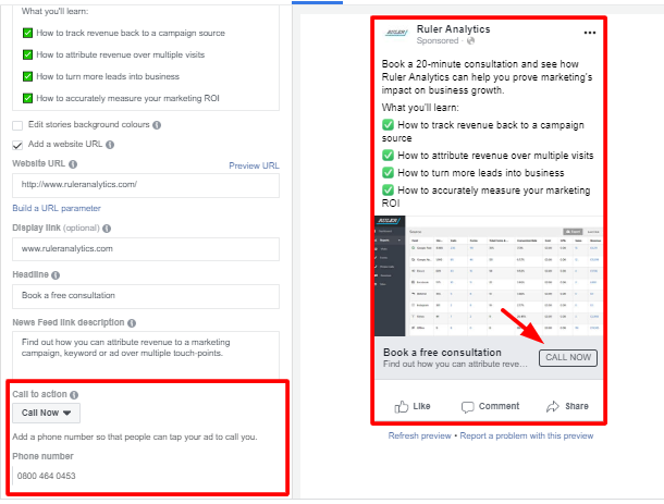 Deciphering the different Facebook ad types - click to call ad - www.ruleranalytics.com