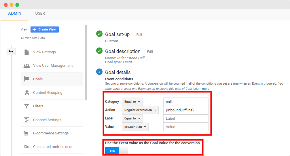 track offline conversions in google analytics - step 6 tracking phone calls -www.ruleranalytics.com