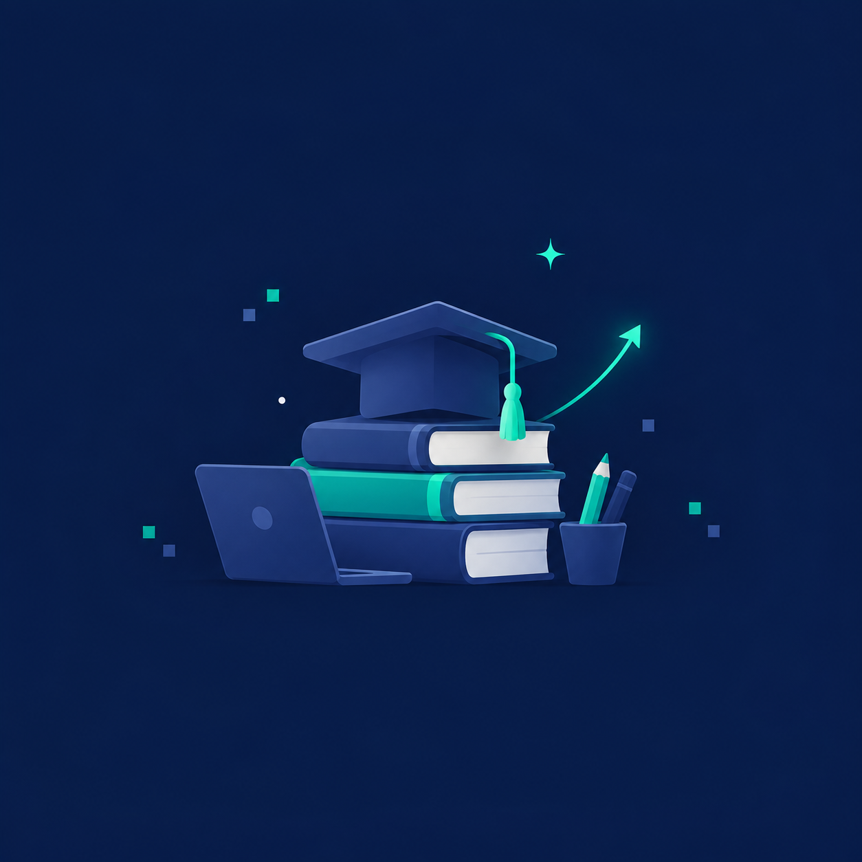 Open book and graduation cap with floating marketing touchpoints