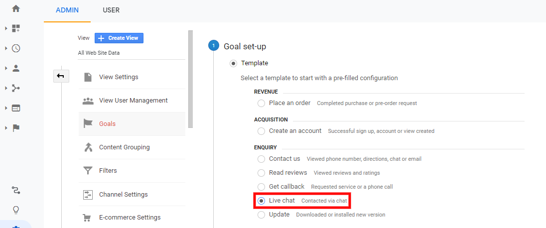 live chat google analytics - step 3 in google analytics - www.ruleranalytics.com