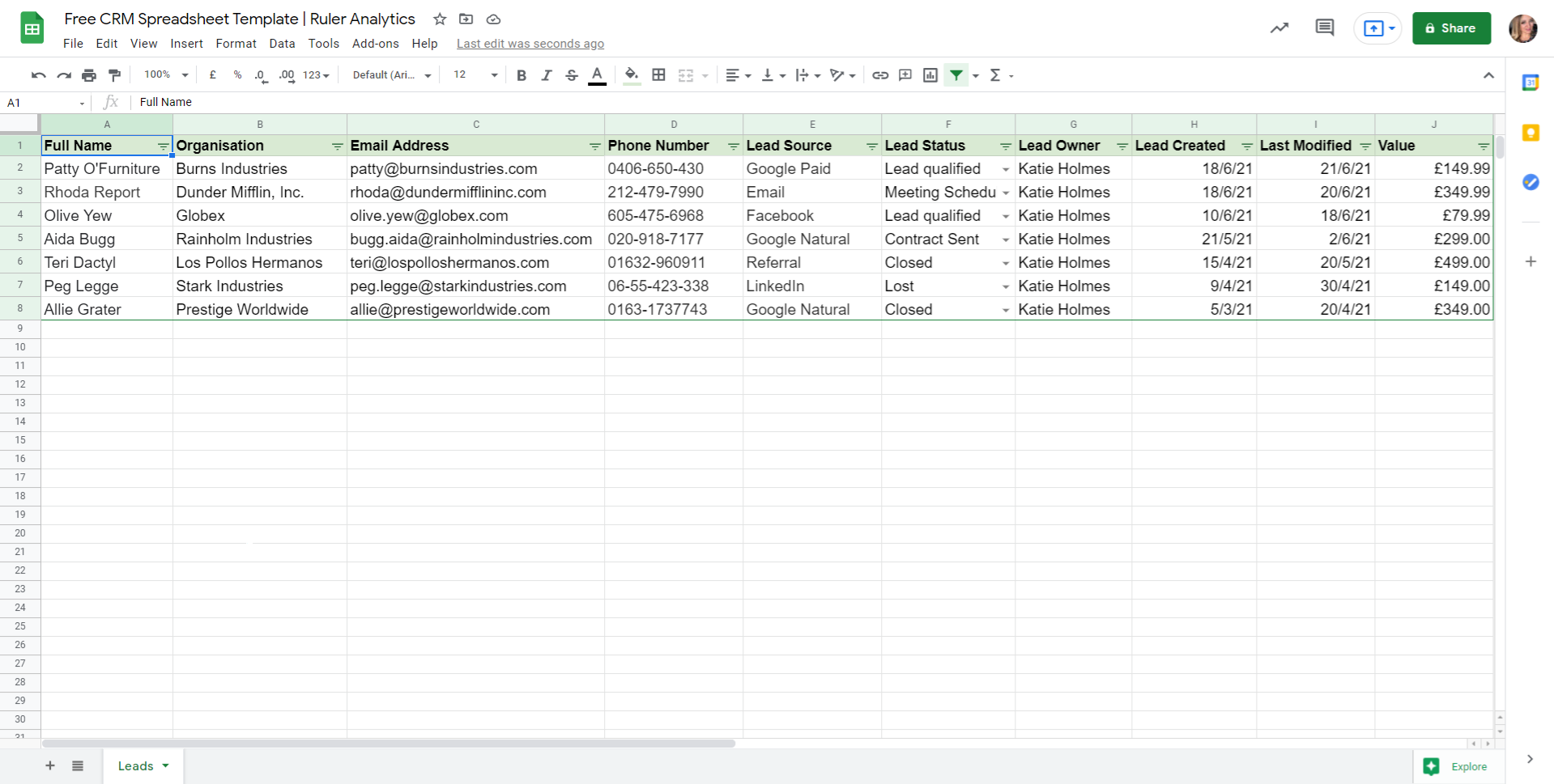 track leads google sheets - lead information - www.ruleranalytics.com