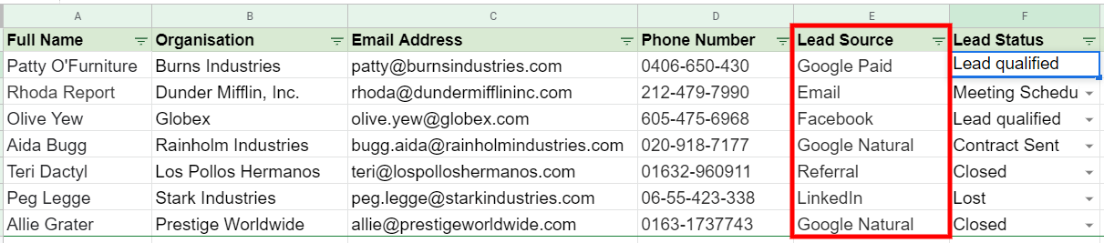 track leads google sheets - lead source - www.ruleranalytics.com