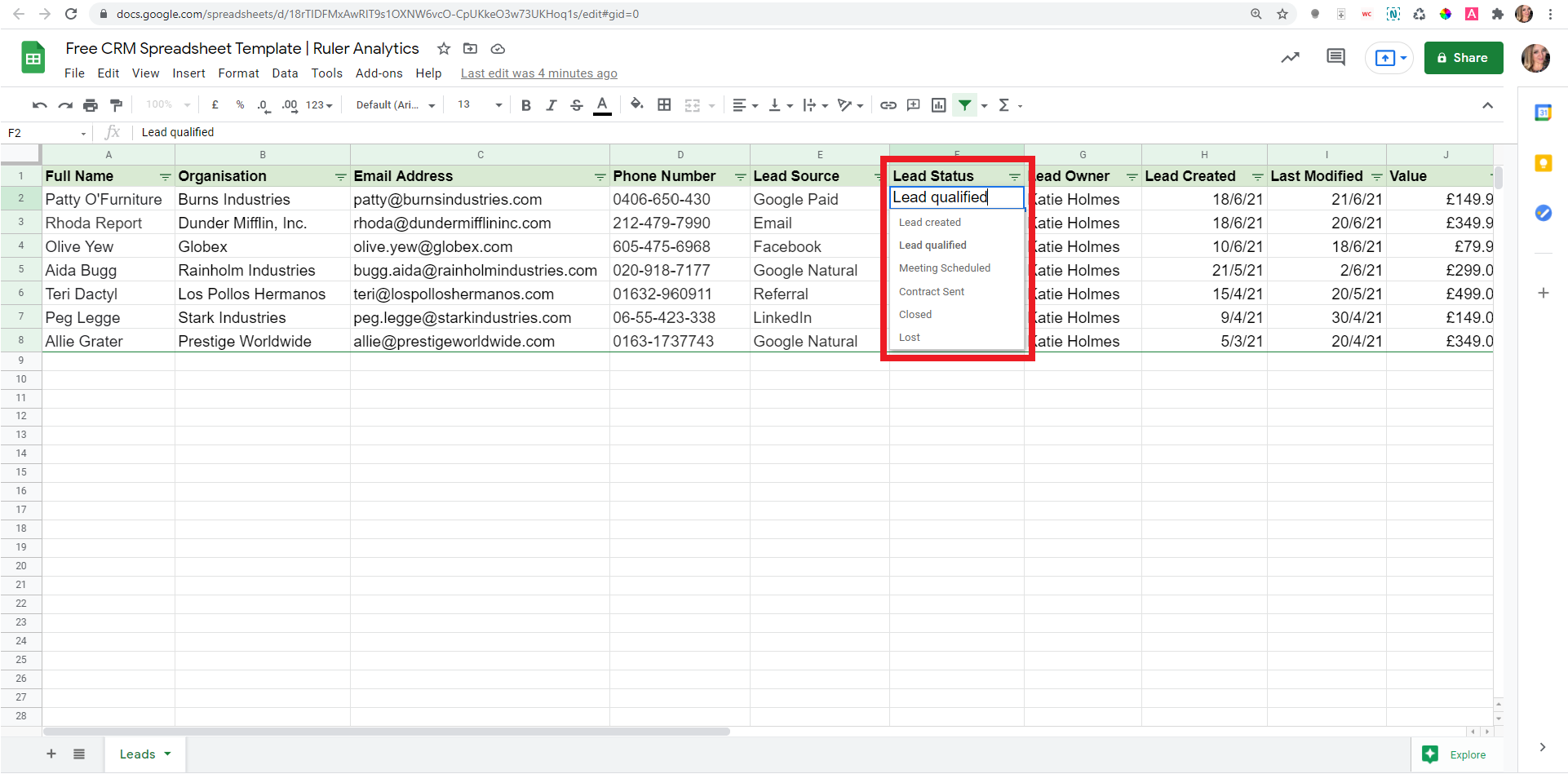 track leads google sheets - opportunity stages - www.ruleranalytics.com